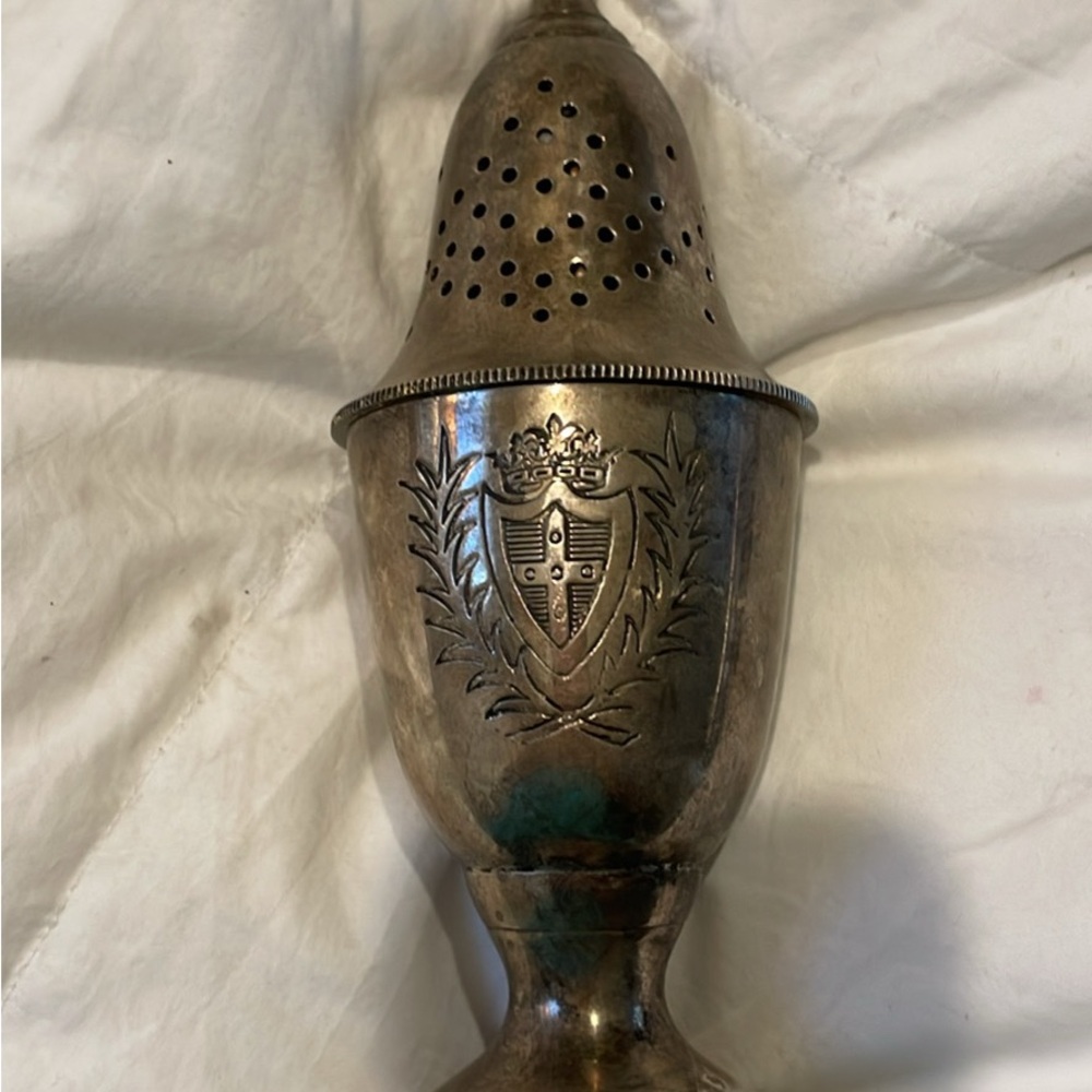 Towle Silver Decorative Muffiner / Sugar/Cinnamon Shaker with Crest Design